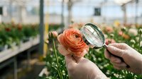Hand holding magnifying glass examining orange ranunculus flower in greenhouse nursery for botanical research and plant quality inspection.