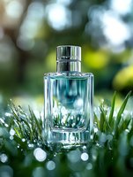 Elegant glass perfume bottle on natural green background with bokeh lights and morning dew drops, luxury fragrance product photography for cosmetic advertising.