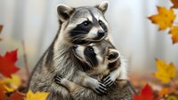 Adorable raccoon mother tenderly holding baby kit among colorful autumn maple leaves, showcasing maternal bond and wildlife family connection.