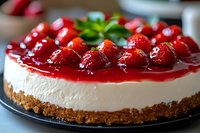 Creamy no-bake cheesecake topped with fresh strawberries and bright red glaze on graham cracker crust, photographed in natural light showing texture and layers.