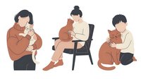 Three people bonding with their beloved cats in cozy domestic moments. Pet ownership lifestyle illustration for animal lovers and home comfort themes.