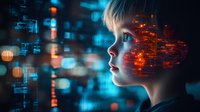 Young Caucasian boy in profile view against futuristic digital interface background with glowing blue and orange circuit patterns, representing artificial intelligence and technology.