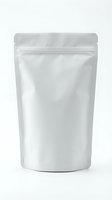 White blank stand up pouch with zip lock closure isolated on white background for product packaging mockup and branding design projects.