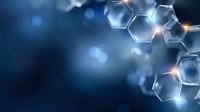 Glowing hexagonal molecular structure on dark blue background with bokeh effect and light spots, scientific concept for chemistry and technology research.