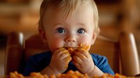 Adorable Caucasian baby with bright blue eyes eating bread while sitting in wooden high chair, warm lighting creates cozy atmosphere for family lifestyle content.