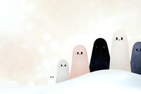 Cute cartoon ghosts in pastel colors standing on snowy hill against soft beige background, minimalist spooky characters for children's design and decoration.