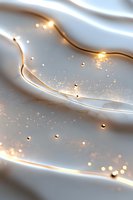 Elegant white silk fabric with golden light streams and glowing particles creates luxurious flowing waves against soft gray background. Suitable for luxury designs.
