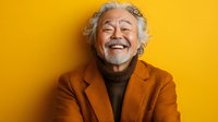 Joyful senior Asian man with gray beard laughing heartily against vibrant yellow background. Elderly gentleman in orange jacket expressing pure happiness and positivity.