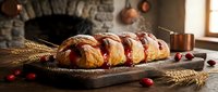 Freshly baked cranberry bread loaf sliced on rustic wooden board with wheat stalks and berries in cozy kitchen setting with traditional stone oven background.