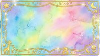 Pastel rainbow watercolor background with golden decorative frame, stars, moon, giraffe, and sparkles, forming a dreamy tile for nursery or greeting designs.