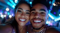 Young African American couple taking selfie at night party with bright blue bokeh lights and glowing atmosphere, showing genuine happy smiles and joy.
