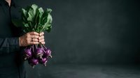 Caucasian male farmer holding fresh purple cabbage and green leafy vegetables against dark background, showcasing organic produce for culinary and agricultural marketing use.