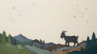 Mountain goat silhouette standing on hillside with evergreen trees, rolling hills and scattered stars in night sky, paper cut layered landscape art style.