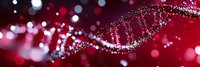 Glowing DNA strand structure on red background with bokeh lights and particles, representing genetic research and biotechnology advancement in medical science.