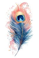 Watercolor peacock feather with pink and blue gradient, gold accents, and scattered paint splashes on white background. Isolated artwork for design, print, and decoration projects.