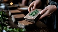 Female hands holding vintage book with dried herbs and flowers between aged pages, creating atmospheric composition in moody natural lighting. Artistic still life for herbarium concept.