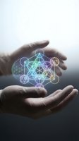 Hands protecting glowing sacred geometry symbols with interconnected lines and colorful geometric patterns representing spiritual energy and metaphysical concepts.