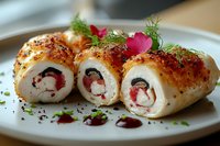 Tender chicken breast rolls stuffed with cream cheese, red bell pepper and spinach, garnished with fresh dill and edible flowers on white plate with sauce.