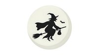 Silhouette of witch flying on broomstick with bat against full moon, isolated on white background for Halloween designs, clipart, and seasonal graphics.