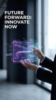 Businessman in formal suit holding holographic digital interface with glowing neon circuit design and project roadmap data visualization in modern office setting.