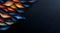 Abstract composition with curved paper-like shapes in navy blue, copper, and gray tones against dark background, creating dynamic diagonal pattern and depth effect.
