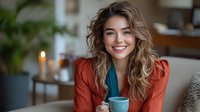 Young Caucasian woman with wavy blonde hair in orange blazer smiling while holding blue coffee cup at home. Cozy interior with candle and houseplant in background.
