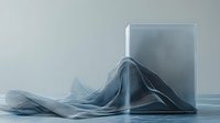 Minimalist composition with translucent fabric draped over geometric glass cube creating flowing shapes and shadows in cool blue tones. Artistic still life for design projects.