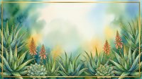 Watercolor aloe vera and succulent plants frame with golden border on soft teal and yellow background, copy space for text.