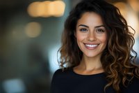 Young Hispanic woman with curly brown hair and bright smile wearing black top against blurred background, professional headshot style portrait for business or lifestyle content.