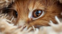 Close-up macro shot of ginger cat's blue eye peeking through fluffy fur, creating mysterious and intimate feline portrait with soft focus and warm tones.