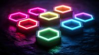Glowing neon hexagons in various colors floating above dark textured surface with colorful light reflections creating futuristic atmospheric composition.