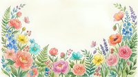 Watercolor floral border with colorful spring flowers, green leaves, and copy space on light background for greeting cards and invitations.