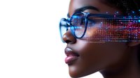 Young African American woman wearing glasses with futuristic digital effects and glowing data streams, representing artificial intelligence and technological innovation.