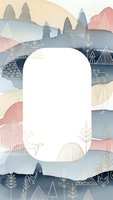 Abstract watercolor landscape frame with mountains, trees and deer in muted blue pink tones. Scandinavian style border design for invitations and cards.