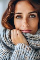 Close up portrait of young woman with freckles and blue eyes wearing cozy knit sweater and scarf, looking at camera with gentle smile and natural makeup.