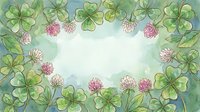 Watercolor clover frame with pink flowers and green four-leaf clovers on soft blue background, perfect for spring and St. Patrick's Day designs.