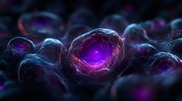 Glowing purple cell structure with luminescent core against dark background shows microscopic biological detail in dramatic scientific visualization.
