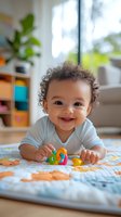 Smiling mixed-race baby with curly hair lying on colorful play mat, playing with bright toys at home. Natural window light creates warm atmosphere for parenting and childhood concepts.