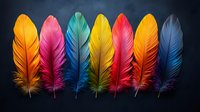 Vibrant multicolored feathers arranged in row on dark background showcase orange, pink, turquoise, yellow, red and navy plumes with detailed texture and softness.