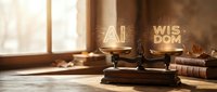 Golden scales of justice with AI and wisdom text on wooden desk near window symbolizing legal technology and artificial intelligence in law practice.