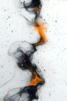 Abstract fluid art with flowing black and orange ink creating dynamic organic shapes with scattered dots on white background for modern design.