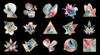 Watercolor geometric shapes set with gold frames, isolated on transparent background. Triangles, hearts, leaves clipart for stickers, sublimation, t-shirt design, print on demand.