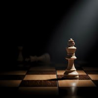 White chess king piece standing alone on wooden chessboard with dramatic lighting and dark background for strategy and leadership concepts.