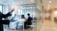 Businessman touching digital interface on glass wall in modern office with colleagues working in background, representing technology and collaboration.
