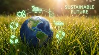 Earth globe in green grass with renewable energy icons and sustainable future text for environmental conservation and eco-friendly technology concepts.