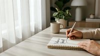 Woman writing in notebook at wooden table with coffee cup in cozy home interior. Morning journaling routine with natural light from window.
