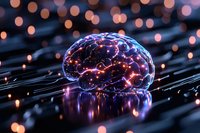 Glowing digital brain with neural network connections on circuit board surface, representing artificial intelligence, machine learning, and advanced technology innovation.