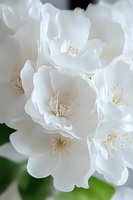 Delicate white jasmine flowers in macro shot showing detailed petals and stamens against soft blurred background, creating pure and elegant floral composition.