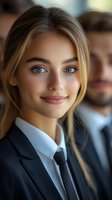 Young Caucasian businesswoman with blue eyes and blonde hair wearing formal suit and tie smiles confidently in corporate office environment. Professional portrait with soft lighting.