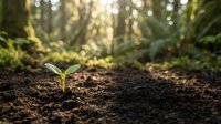 Young green seedling emerging from rich dark soil in sunlit forest with natural bokeh background for environmental and growth concepts.